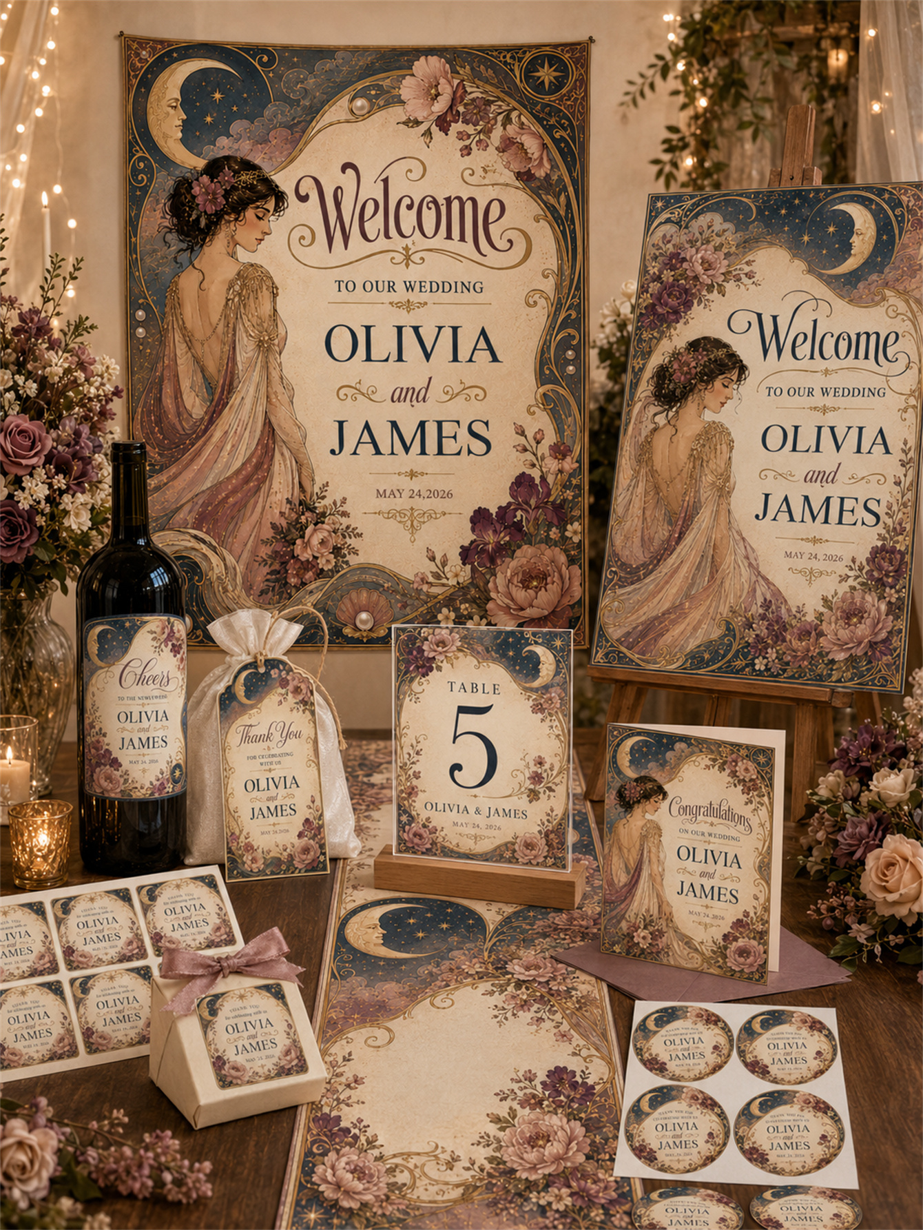 Celestial retro wedding decorations - moon and star Gothic romantic floral designs Navy blue, gold and Burgundy - custom names and dates